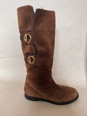 Jimmy Choo Brown Suede Biker Boots Gold Buckle Knee High Moto Sz 7